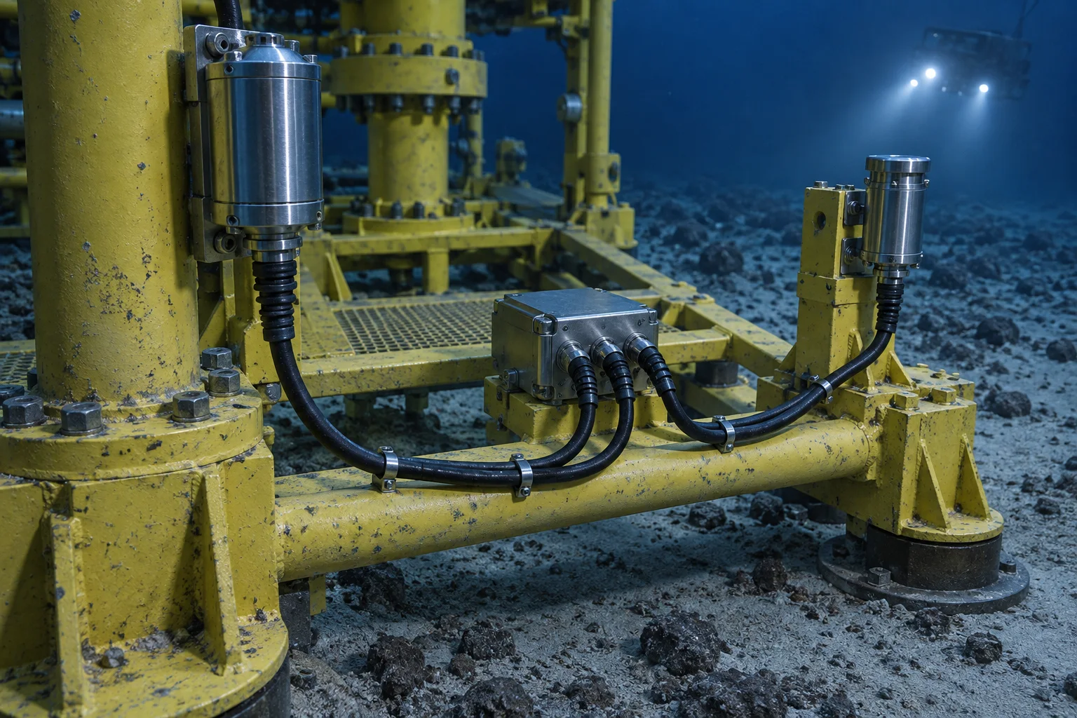 Illustrative subsea distribution scene, showing local leads between equipment interfaces.