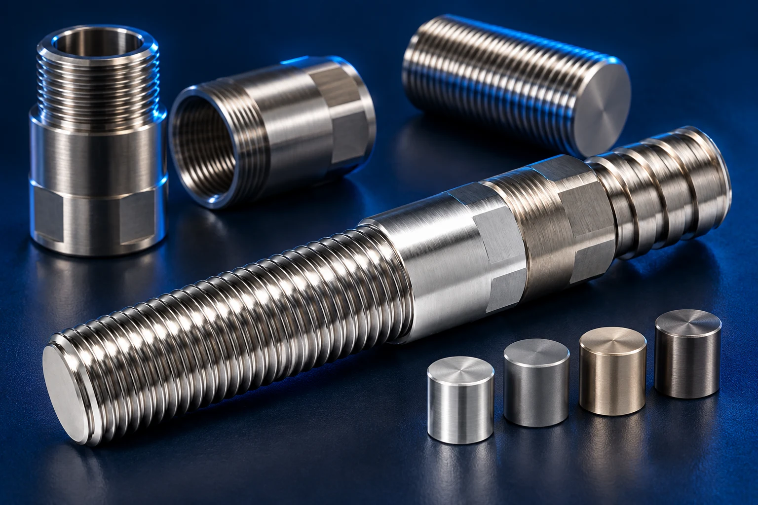 Precision-machined subsea switch, threaded housings and metallic material samples on a navy studio surface