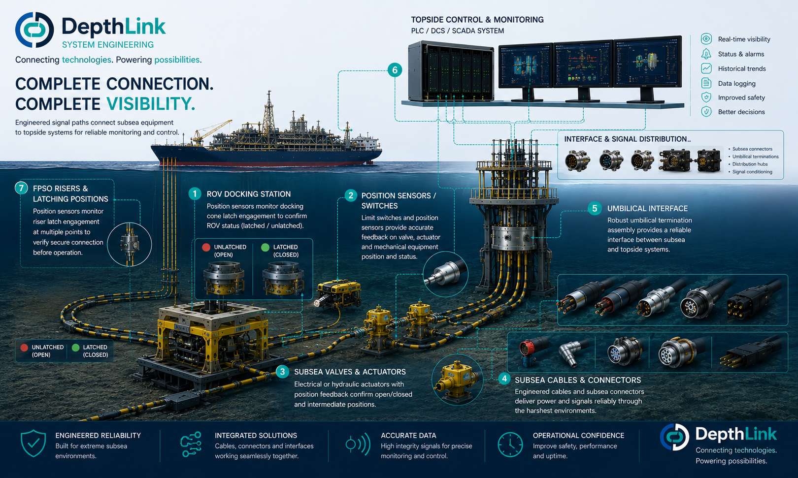 Infographic showing subsea monitoring signal path from ROV docking station, position sensors, subsea valves, cables and connectors, umbilical interface, topside panels and control monitoring.